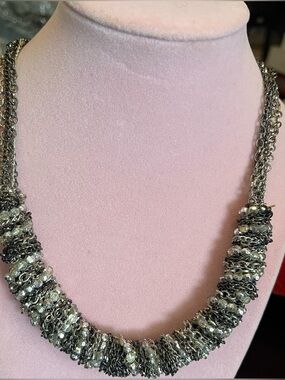 Silver-Tone Beaded Chain Statement Necklace - Adjustable